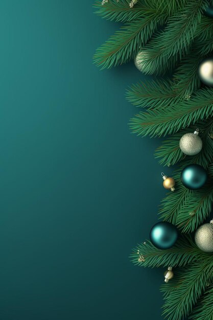 a green christmas background with ornaments and fir branches