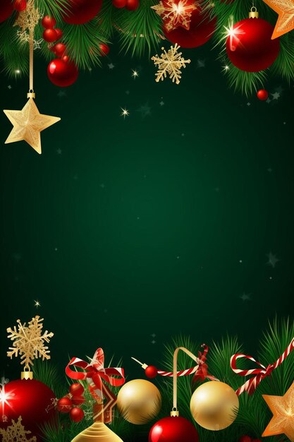 a green christmas background with ornaments and stars