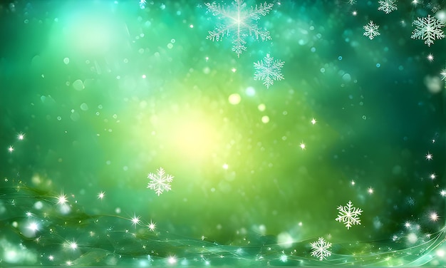 写真 クリスマスの緑色の背景に雪と雪花が描かれています