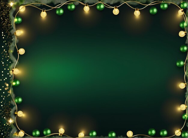 Photo green christmas card with gold lights on abstract defocused dark background top view