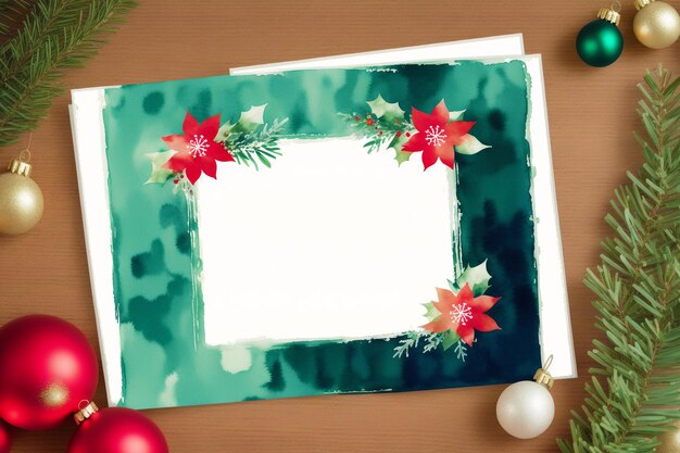 A green christmas card with poinsettia flowers and a christmas tree on the side.
