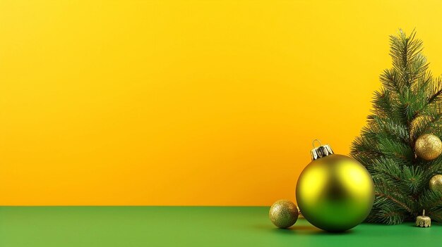 Photo green christmas tree and golden balls on yellow background