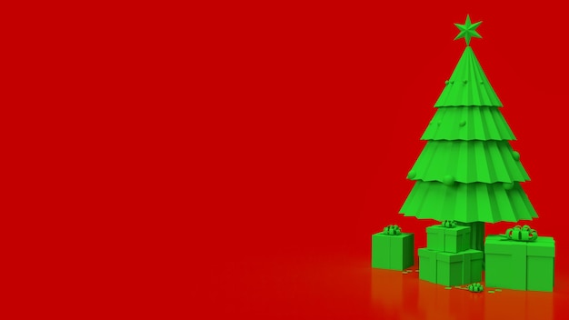 Зеленая рождественская елка на красном фоне для праздничной концепции 3d-рендеринга