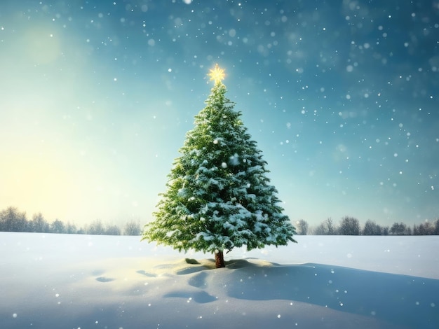 Green christmas tree standing on snowy field in winter ai generative