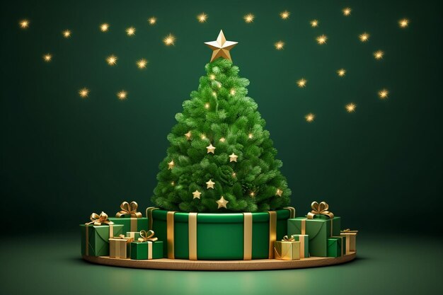 Green christmas tree with star and box of gifts