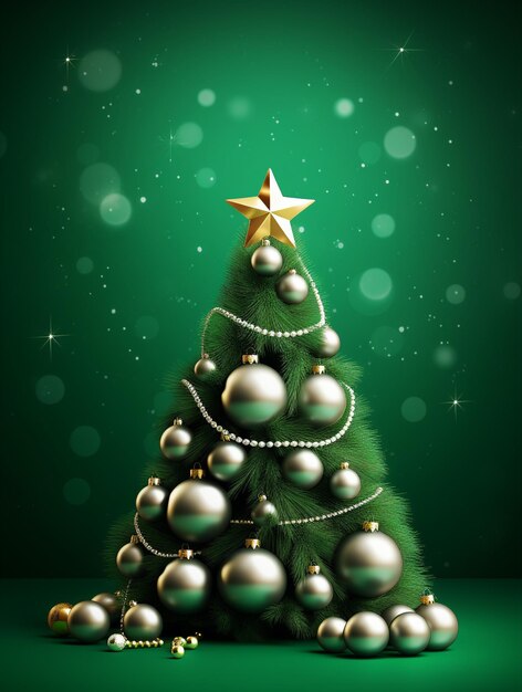 A green christmas tree with star on green background