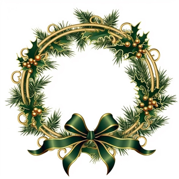 A green christmas wreath with holly and gold ribbon generative ai
