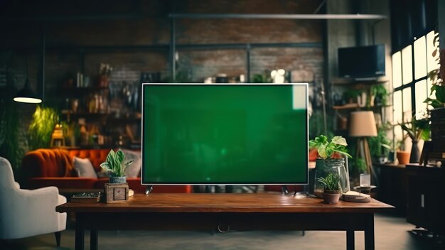 Green chroma key screen on wooden table in modern living room Mockup