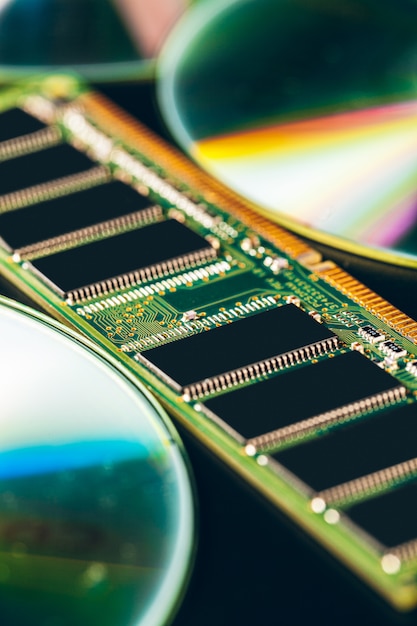 Green circuit board of a computer close up