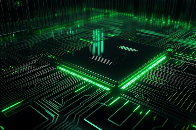 A green circuit board with a circuit board with the word computer on it.