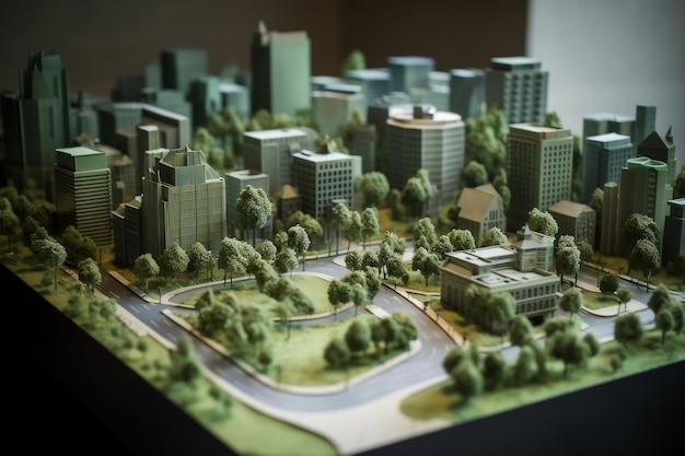 Foto diorama della città verde con edifici e alberi generativi ai