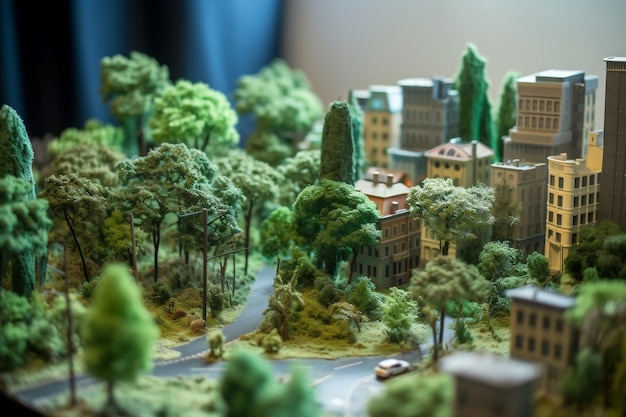 建物や木々を備えた緑豊かな都市ジオラマ生成 AI