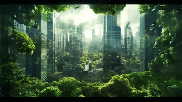 green city double exposure of lush green forest and modern skyscrapers windows