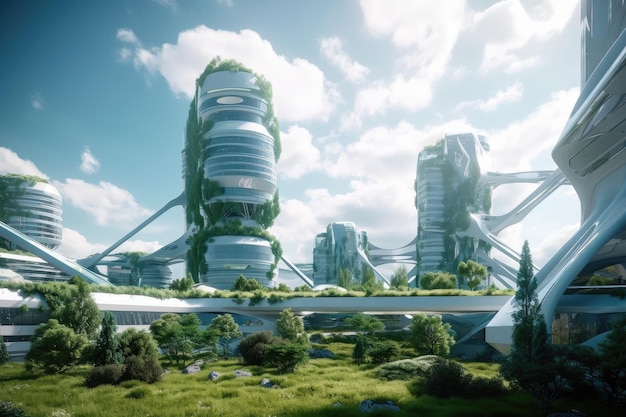 Green city of the future utopia with view of futuristic hightech hospital and medical center