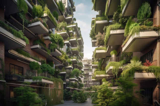 Green city of the future with vertical gardens and hanging plants lining every window and balcony