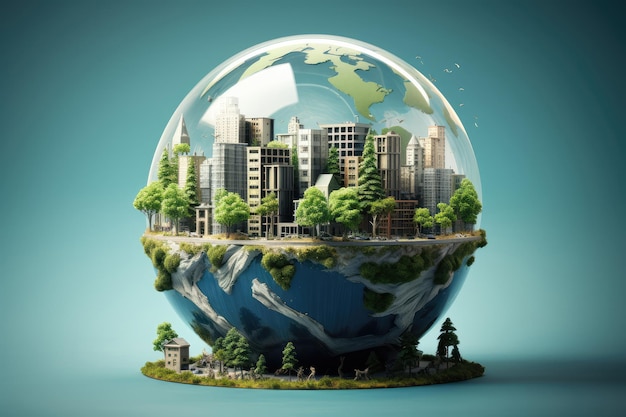 Green city in a glass sphere Ecology concept