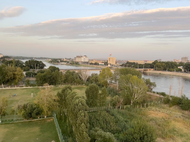 The green city of Khujand at sunset