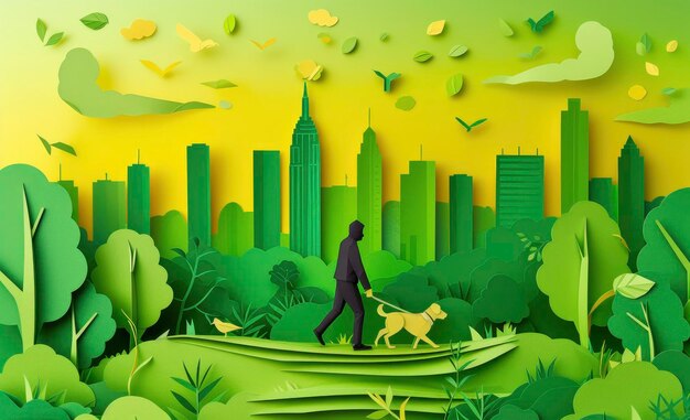 Green city paper art man and dog in recycled material murals celebrating urban energy for earth day