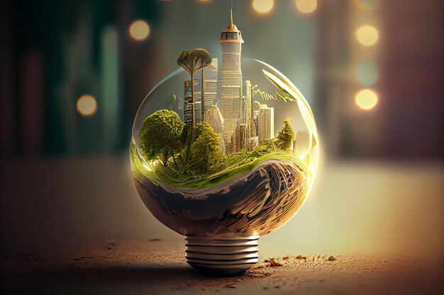 Photo green city with large trees and modern tall buildings inside light bulb