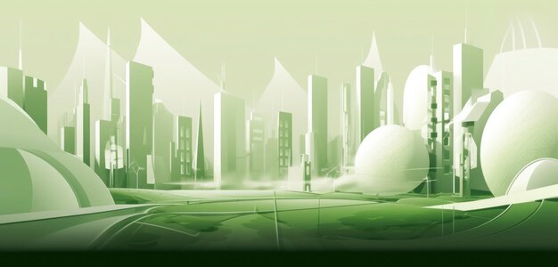 A green cityscape with a city in the background