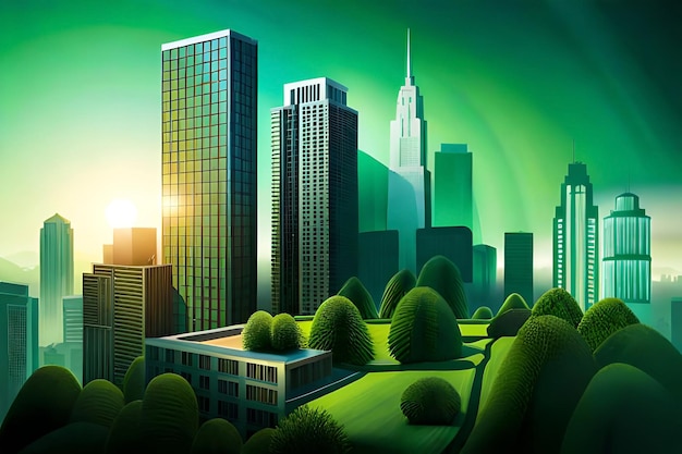 Зеленый городской пейзаж с зеленым городским пейзажем и зеленым городским пейзажем.