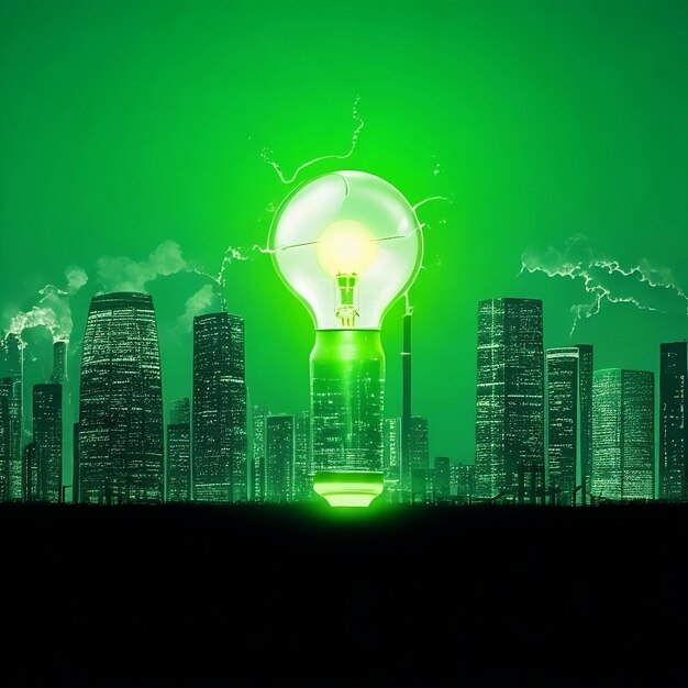 A green cityscape with a light bulb in the middle of it