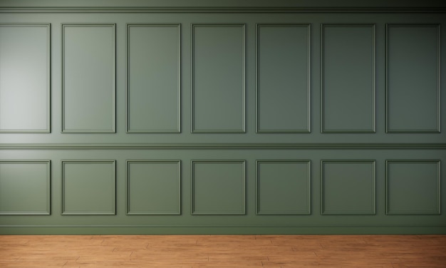 Green classic wall panel and wooden floor empty room for interior design and decoration