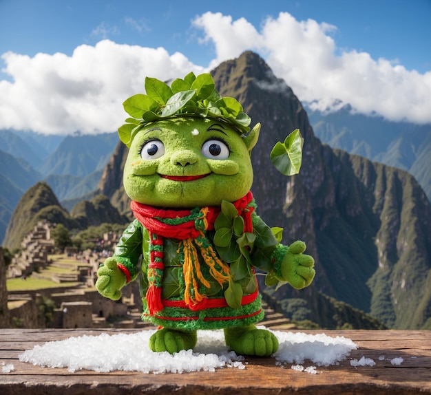 Green clay doll with green leaves and snow on the background of mountains
