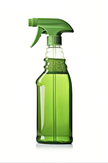 Photo green cleaner spray bottle for sanitary housecleaning hygiene supply chemical isolated on white