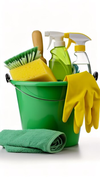 Photo green cleaning bucket with cleaning products on a white background