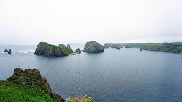 緑の断崖と千島列島の湾。しこたん。