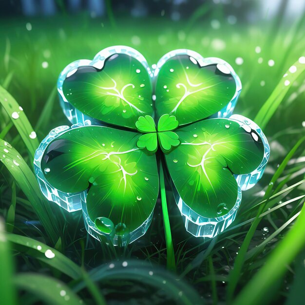 Green clover leaf with water drops on green grass background 3D illustration