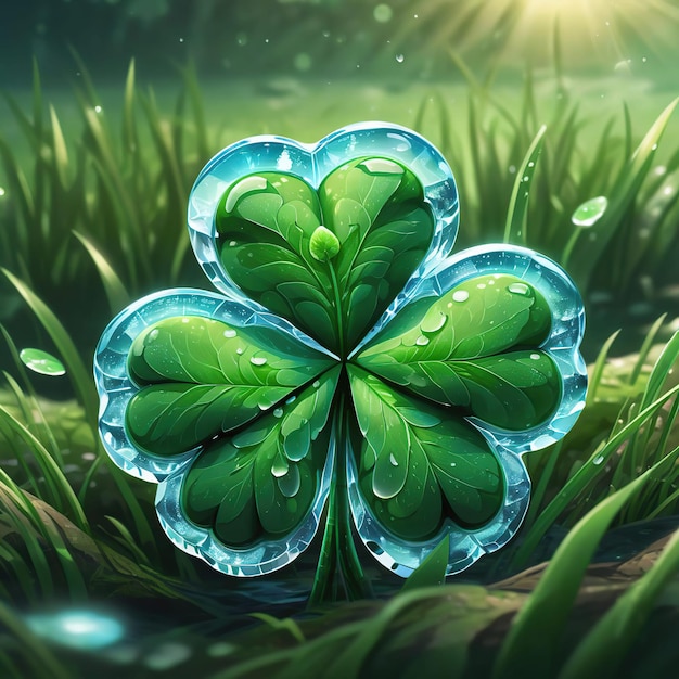 Green clover leaf with water drops on green grass background 3D illustration