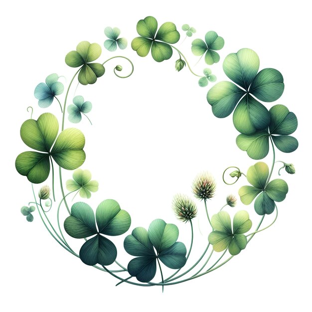 Photo green clover leaves and gloden round frame watercolor paint for holiday card decorx9