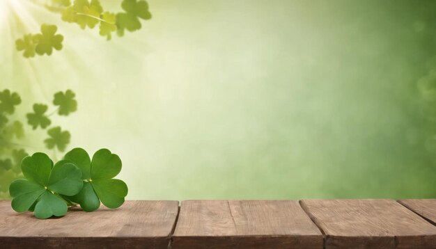 Green clover leaves on wooden background StPatricks Day Copy space Beer Holiday