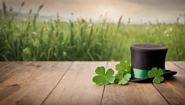 Green clover leaves on wooden background StPatricks Day Copy space Beer Holiday