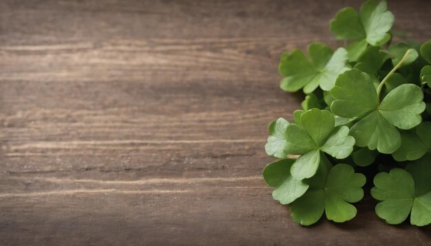 Green clover leaves on wooden background StPatricks Day Copy space Beer Holiday