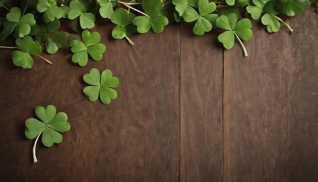 Green clover leaves on wooden background StPatricks Day Copy space Beer Holiday