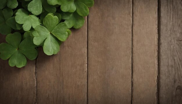 Green clover leaves on wooden background StPatricks Day Copy space Beer Holiday