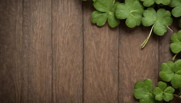 Green clover leaves on wooden background StPatricks Day Copy space Beer Holiday