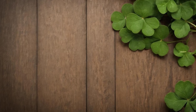 Green clover leaves on wooden background StPatricks Day Copy space Beer Holiday
