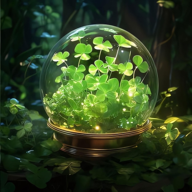 Green clovers in a glass ball in the woods Green fourleaf clover symbol of St Patricks Day