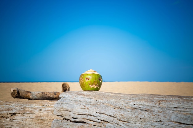 Green coconut as a symbol of halloween in the shape of a pumpkin stands a tree on a tropical beach