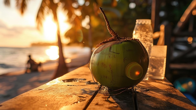 Photo green coconut by the beach open with fresh coconut water to cool down in the heat