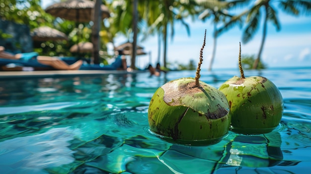 Зеленый кокосовый орех у бассейна, открытый свежей кокосовой водой, чтобы охладиться в жару.