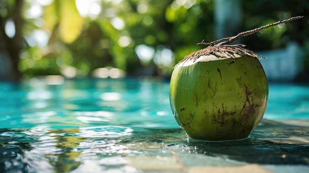 写真 プールのそばの緑のココナッツは暑さで涼しくなるため新鮮なココナツ水で開いています