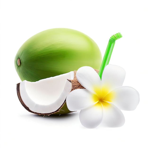 Зеленый кокосовый фрукт с цветом и трубкой Plumeria, изолированными на белом фоне