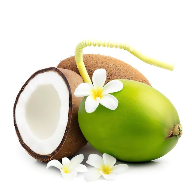 Зеленые плоды кокоса с цветком плюмерии и трубкой на белом фоне