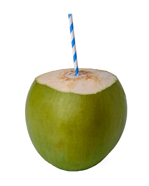 Green coconut with colored paper straw isolated on white background