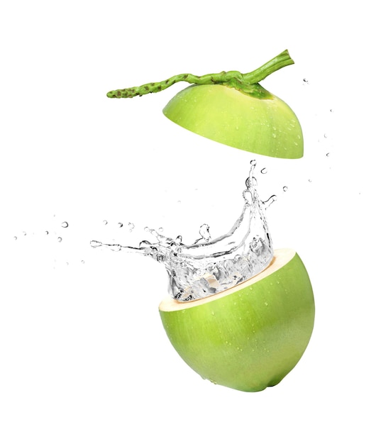 Green coconut with water splash isolated on white background